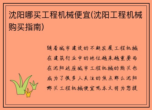 沈阳哪买工程机械便宜(沈阳工程机械购买指南)